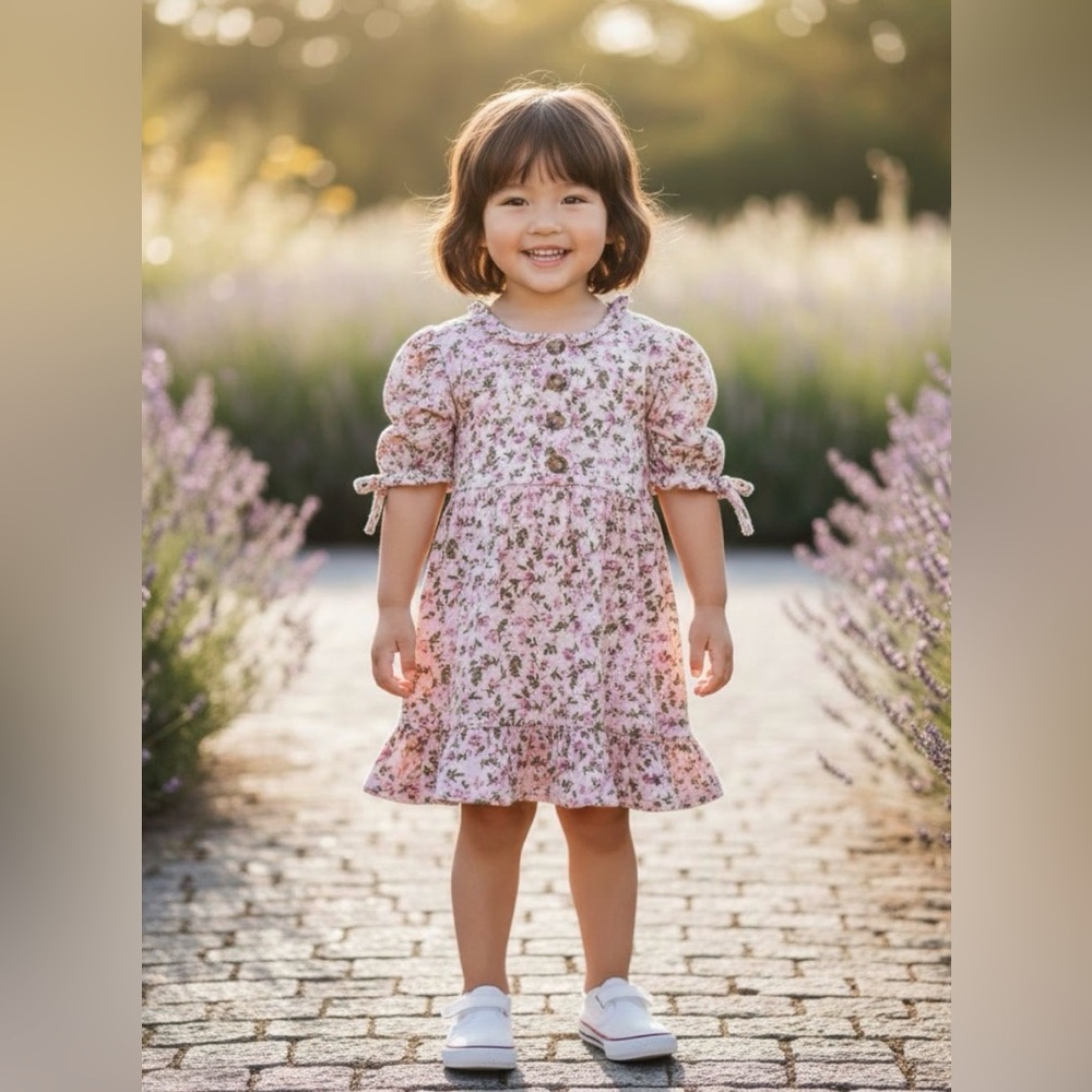 Little Lass Pink Floral Dress with Puff Sleeves